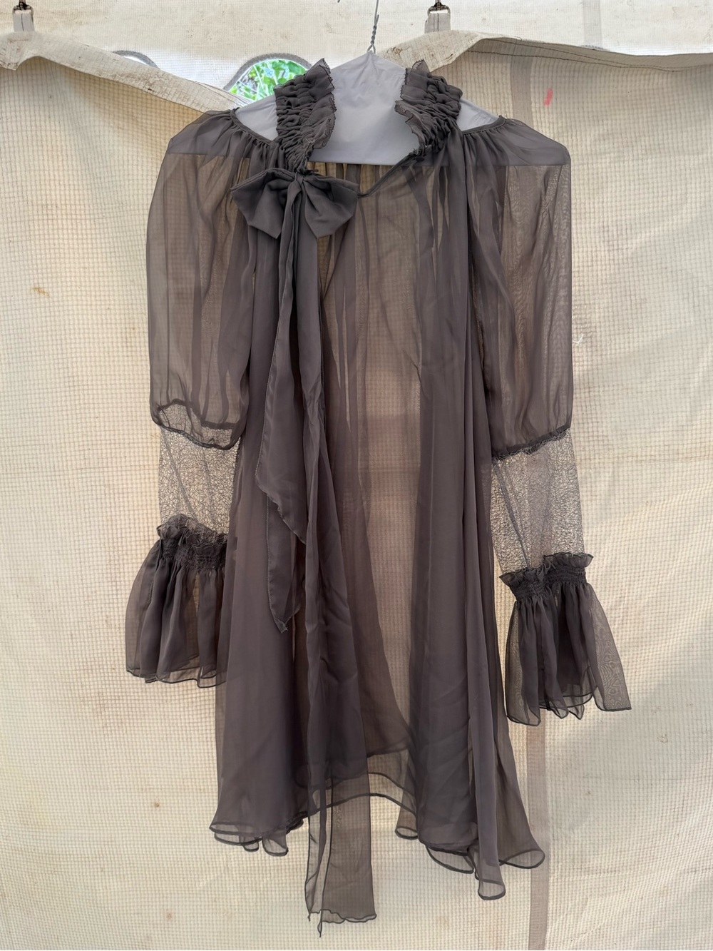 GRACIA Sheer Chiffon Bow Tie High Ruffle Neck Swing Top